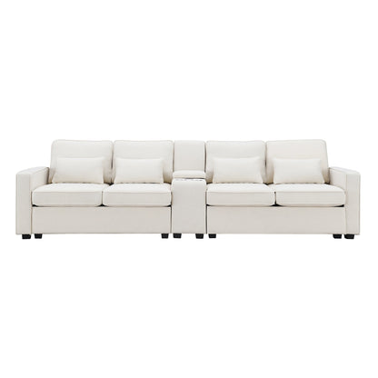 Upholstered Sofa With Console, 2 Cupholders And 2 Usb Ports Wired Or Wirelessly Charged, Linen Fabric Couches With 4 Pillows