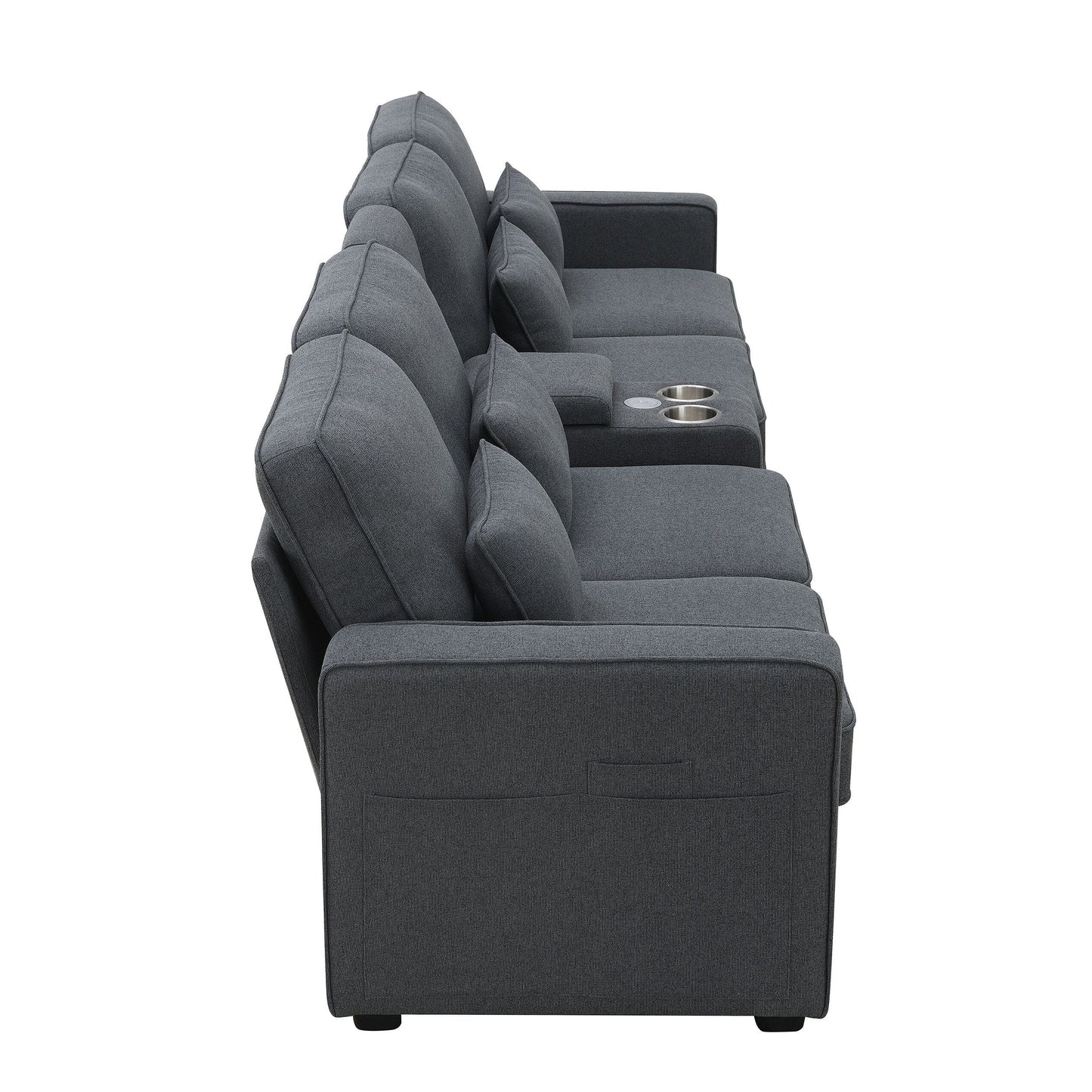 Upholstered Sofa With Console, 2 Cupholders And 2 Usb Ports Wired Or Wirelessly Charged, Linen Fabric Couches With 4 Pillows