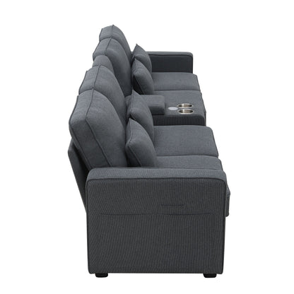 Upholstered Sofa With Console, 2 Cupholders And 2 Usb Ports Wired Or Wirelessly Charged, Linen Fabric Couches With 4 Pillows
