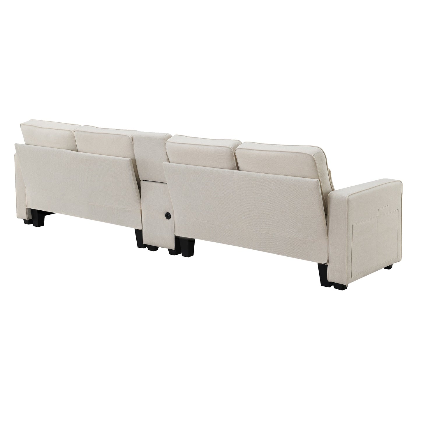 Upholstered Sofa With Console, 2 Cupholders And 2 Usb Ports Wired Or Wirelessly Charged, Linen Fabric Couches With 4 Pillows