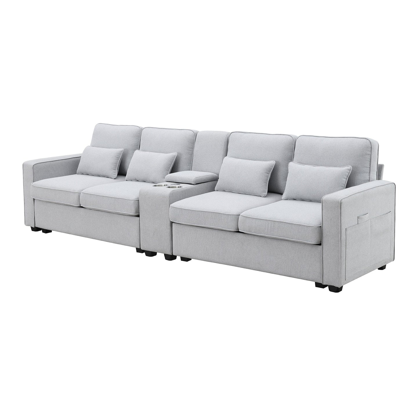 Upholstered Sofa With Console, 2 Cupholders And 2 Usb Ports Wired Or Wirelessly Charged, Linen Fabric Couches With 4 Pillows