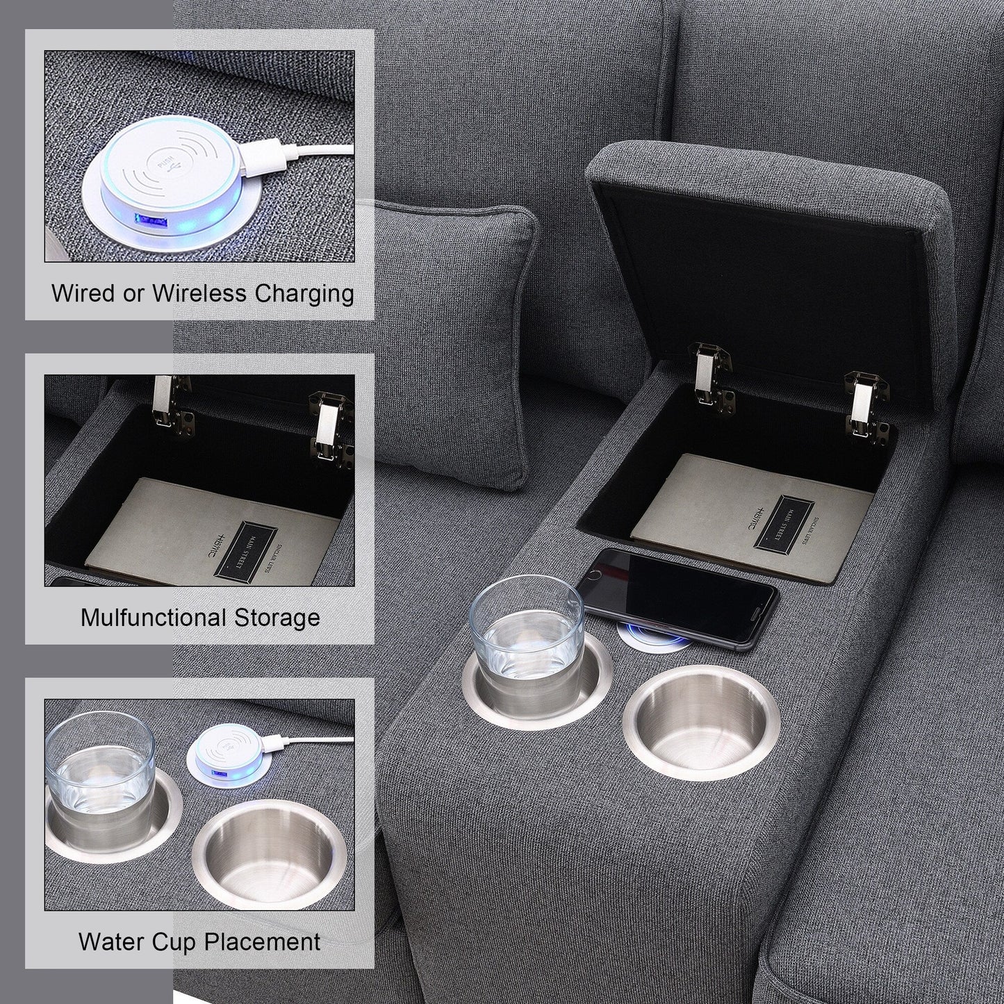 Upholstered Sofa With Console, 2 Cupholders And 2 Usb Ports Wired Or Wirelessly Charged, Linen Fabric Couches With 4 Pillows