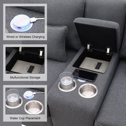 Upholstered Sofa With Console, 2 Cupholders And 2 Usb Ports Wired Or Wirelessly Charged, Linen Fabric Couches With 4 Pillows