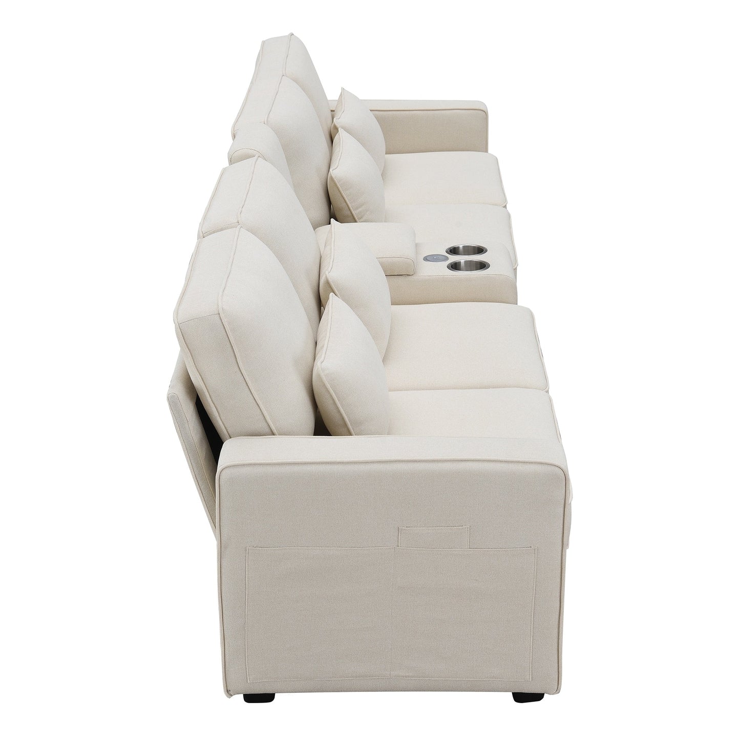 Upholstered Sofa With Console, 2 Cupholders And 2 Usb Ports Wired Or Wirelessly Charged, Linen Fabric Couches With 4 Pillows