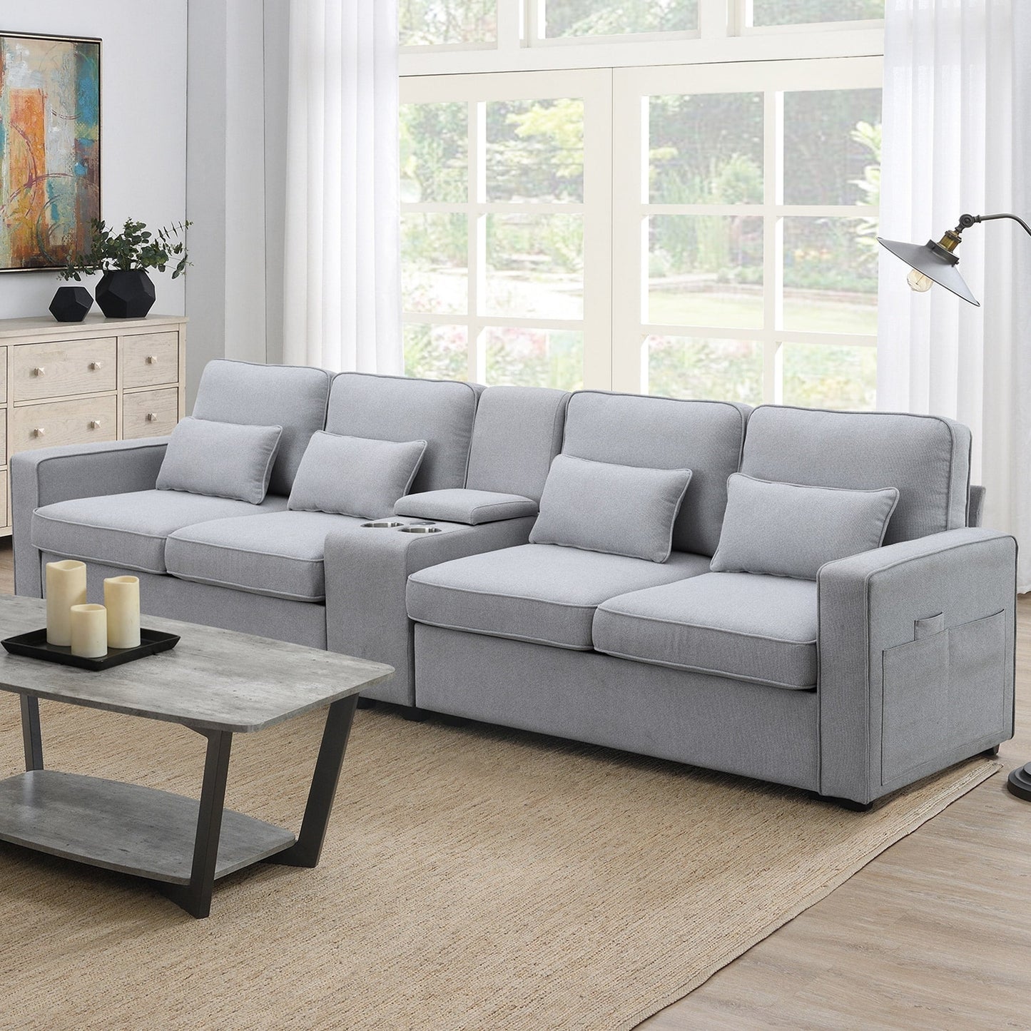 Upholstered Sofa With Console, 2 Cupholders And 2 Usb Ports Wired Or Wirelessly Charged, Linen Fabric Couches With 4 Pillows