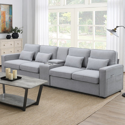 Upholstered Sofa With Console, 2 Cupholders And 2 Usb Ports Wired Or Wirelessly Charged, Linen Fabric Couches With 4 Pillows