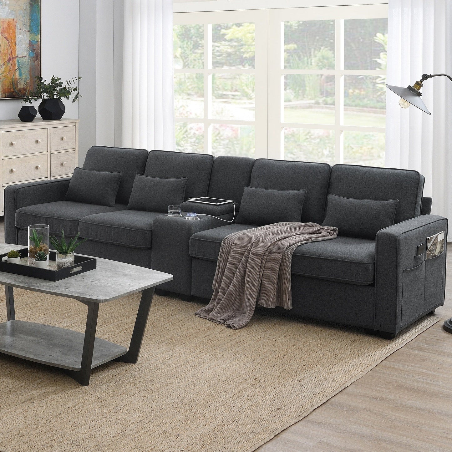 Upholstered Sofa With Console, 2 Cupholders And 2 Usb Ports Wired Or Wirelessly Charged, Linen Fabric Couches With 4 Pillows