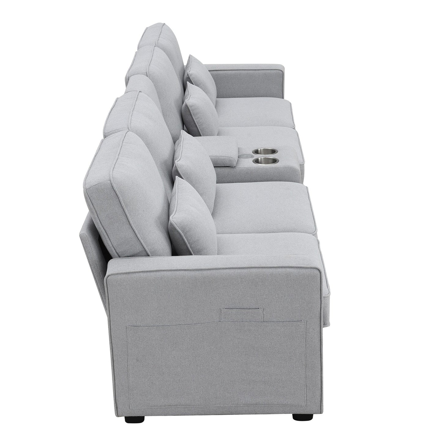 Upholstered Sofa With Console, 2 Cupholders And 2 Usb Ports Wired Or Wirelessly Charged, Linen Fabric Couches With 4 Pillows