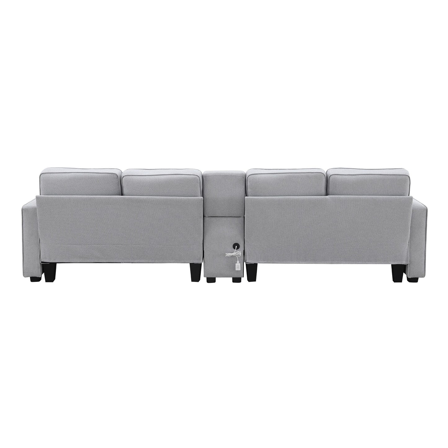 Upholstered Sofa With Console, 2 Cupholders And 2 Usb Ports Wired Or Wirelessly Charged, Linen Fabric Couches With 4 Pillows