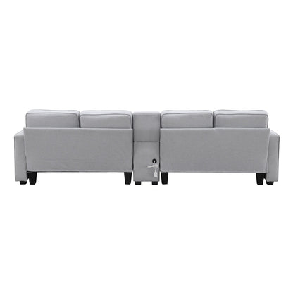 Upholstered Sofa With Console, 2 Cupholders And 2 Usb Ports Wired Or Wirelessly Charged, Linen Fabric Couches With 4 Pillows