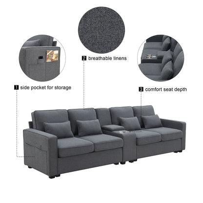 Upholstered Sofa With Console, 2 Cupholders And 2 Usb Ports Wired Or Wirelessly Charged, Linen Fabric Couches With 4 Pillows