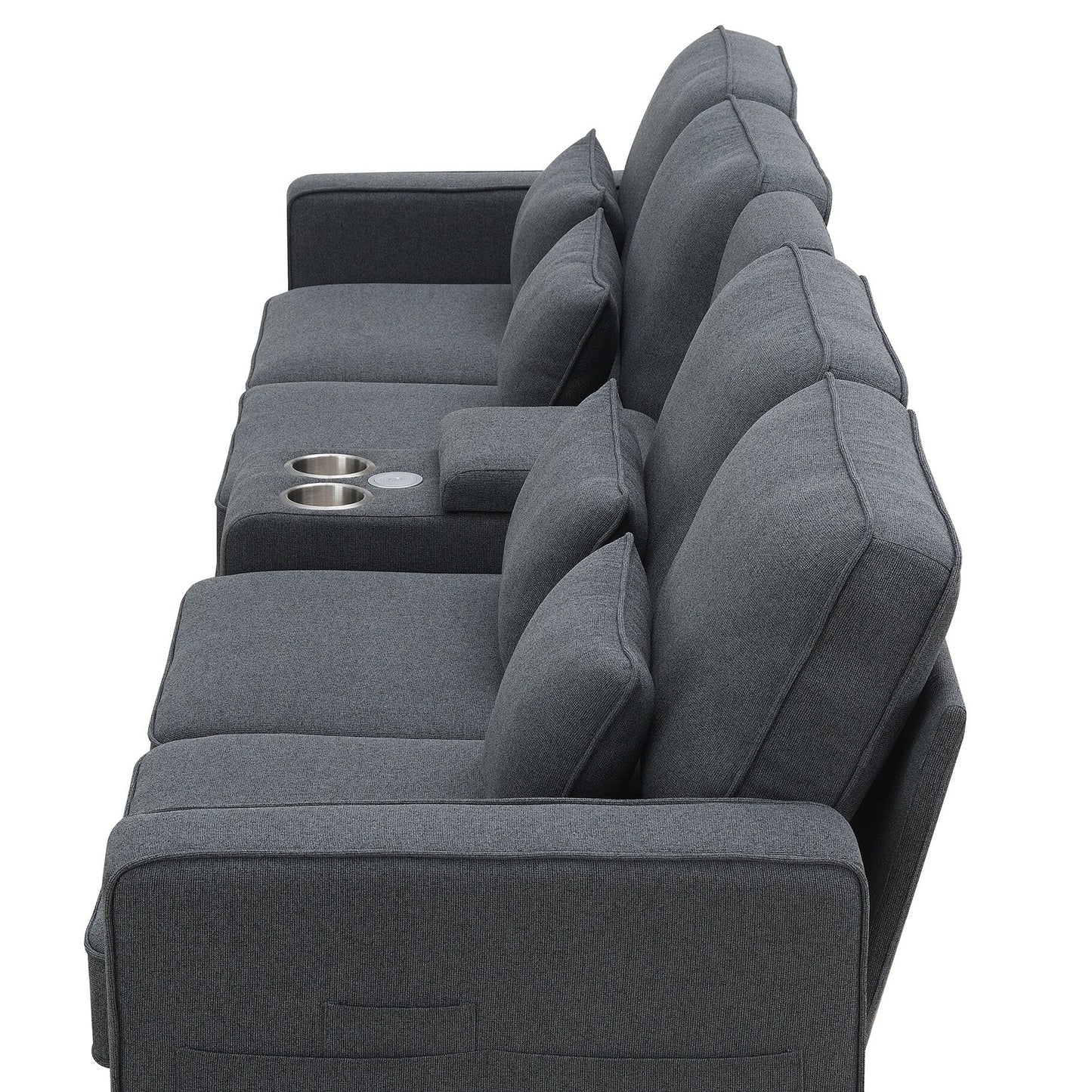 Upholstered Sofa With Console, 2 Cupholders And 2 Usb Ports Wired Or Wirelessly Charged, Linen Fabric Couches With 4 Pillows
