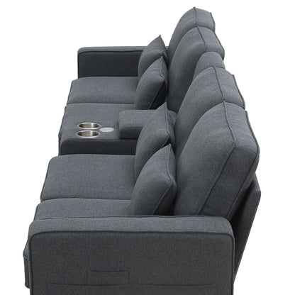 Upholstered Sofa With Console, 2 Cupholders And 2 Usb Ports Wired Or Wirelessly Charged, Linen Fabric Couches With 4 Pillows