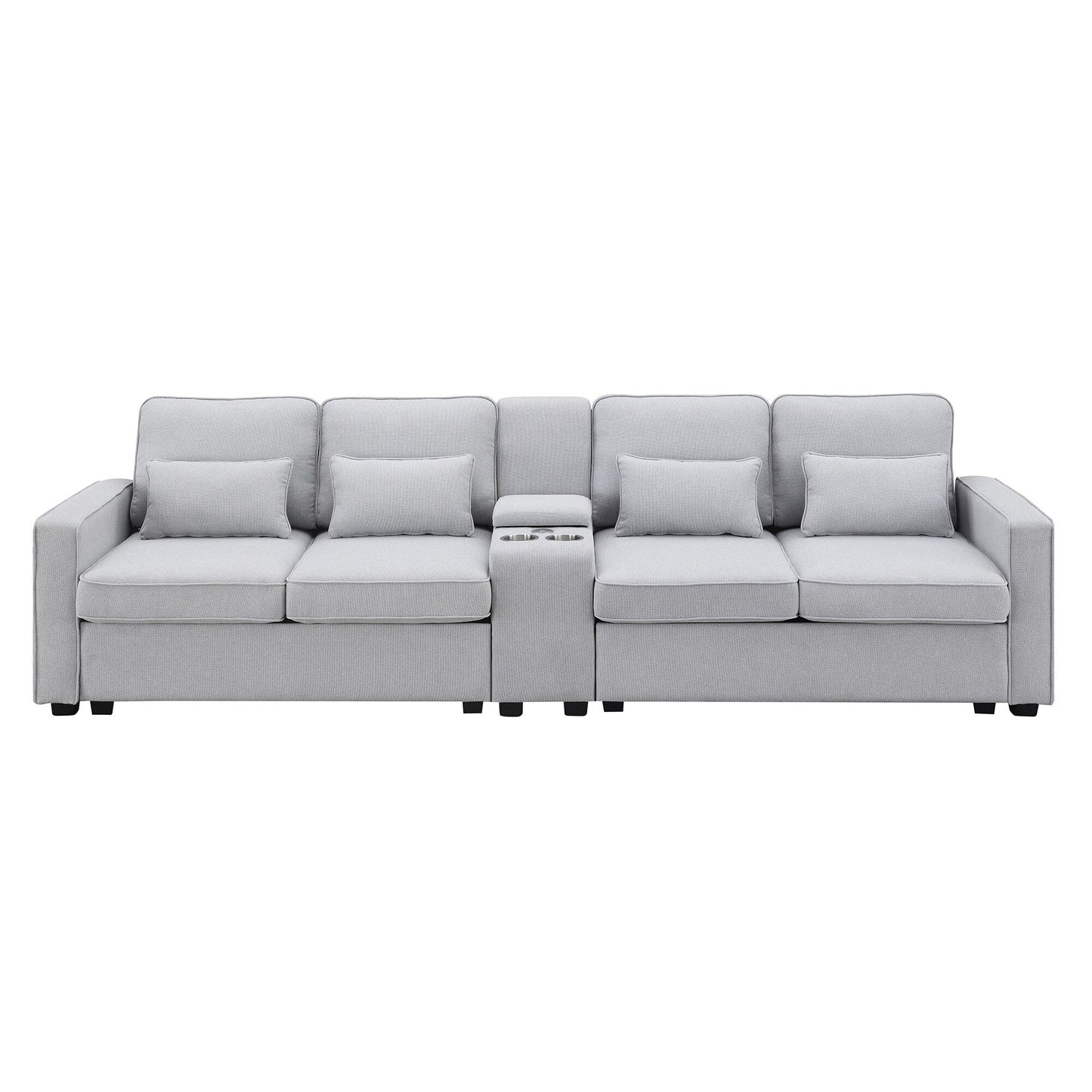 Upholstered Sofa With Console, 2 Cupholders And 2 Usb Ports Wired Or Wirelessly Charged, Linen Fabric Couches With 4 Pillows