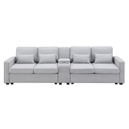 Upholstered Sofa With Console, 2 Cupholders And 2 Usb Ports Wired Or Wirelessly Charged, Linen Fabric Couches With 4 Pillows