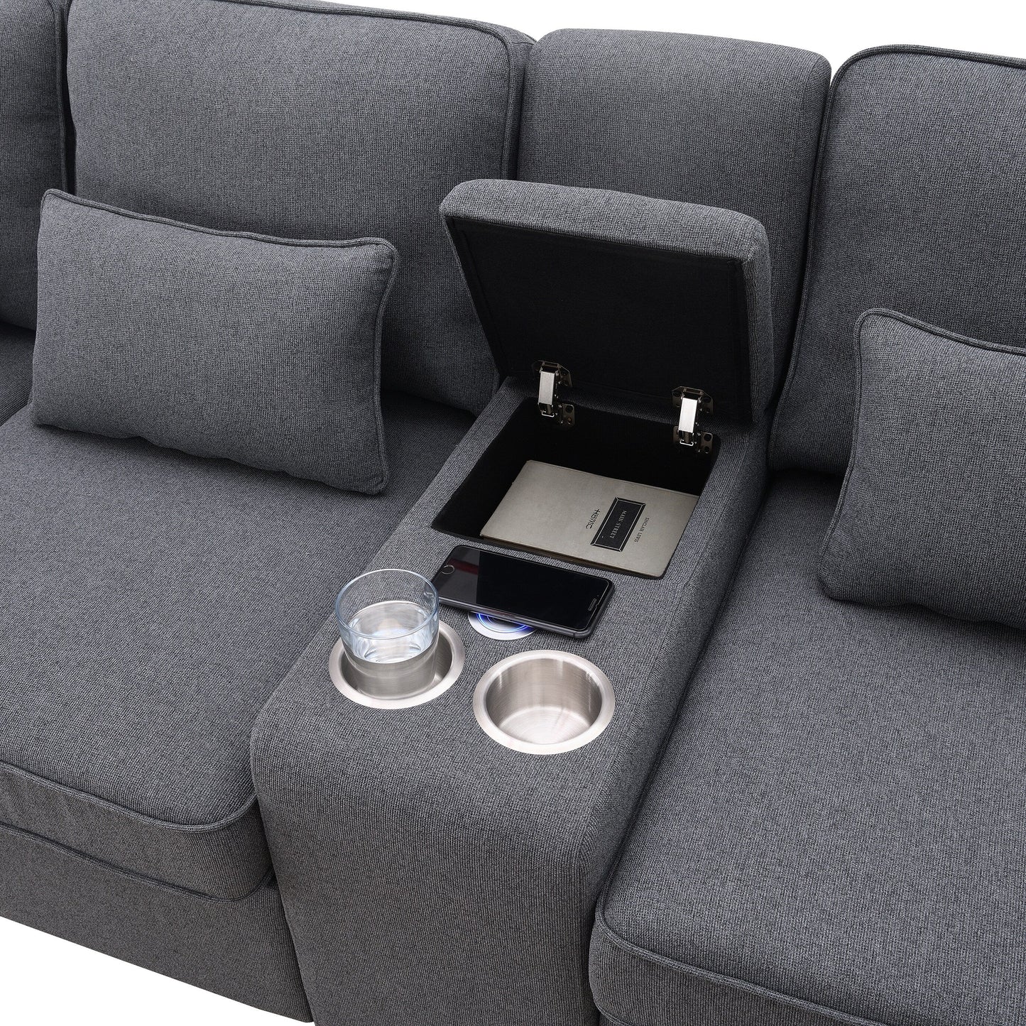 Upholstered Sofa With Console, 2 Cupholders And 2 Usb Ports Wired Or Wirelessly Charged, Linen Fabric Couches With 4 Pillows