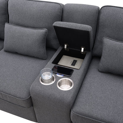 Upholstered Sofa With Console, 2 Cupholders And 2 Usb Ports Wired Or Wirelessly Charged, Linen Fabric Couches With 4 Pillows