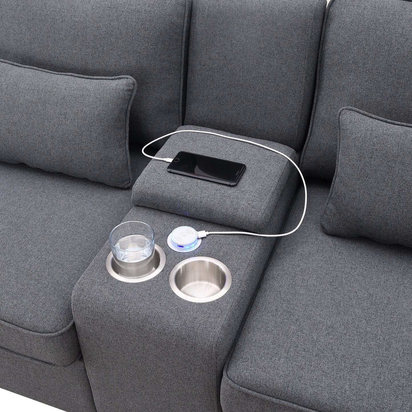 Upholstered Sofa With Console, 2 Cupholders And 2 Usb Ports Wired Or Wirelessly Charged, Linen Fabric Couches With 4 Pillows