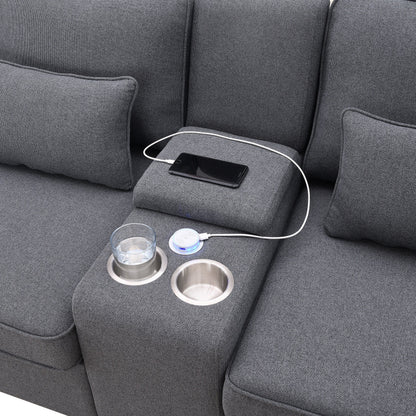 Upholstered Sofa With Console, 2 Cupholders And 2 Usb Ports Wired Or Wirelessly Charged, Linen Fabric Couches With 4 Pillows