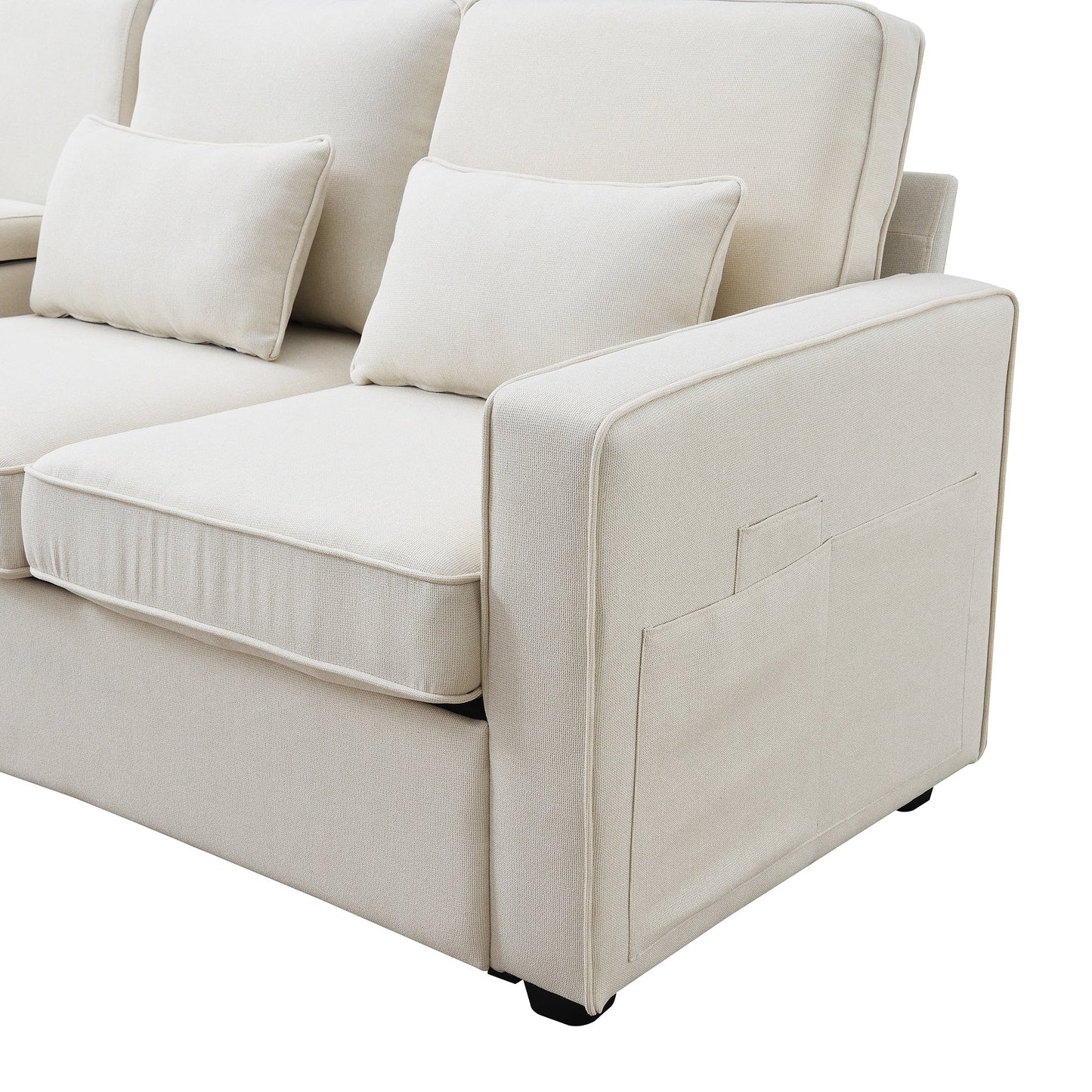 Upholstered Sofa With Console, 2 Cupholders And 2 Usb Ports Wired Or Wirelessly Charged, Linen Fabric Couches With 4 Pillows