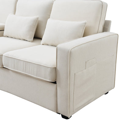 Upholstered Sofa With Console, 2 Cupholders And 2 Usb Ports Wired Or Wirelessly Charged, Linen Fabric Couches With 4 Pillows