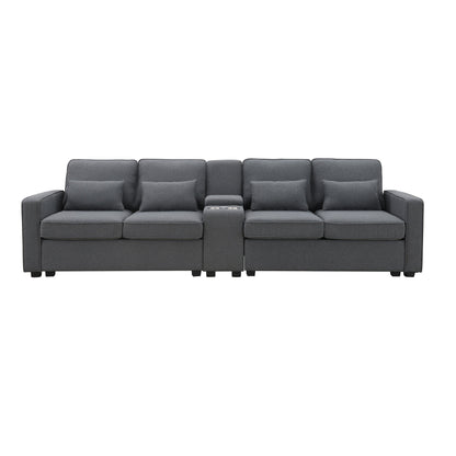 Upholstered Sofa With Console, 2 Cupholders And 2 Usb Ports Wired Or Wirelessly Charged, Linen Fabric Couches With 4 Pillows