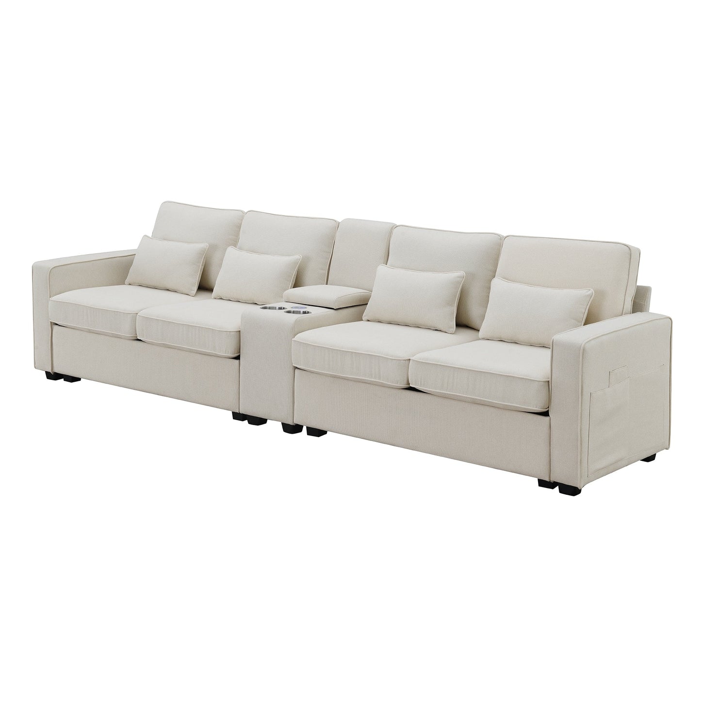 Upholstered Sofa With Console, 2 Cupholders And 2 Usb Ports Wired Or Wirelessly Charged, Linen Fabric Couches With 4 Pillows