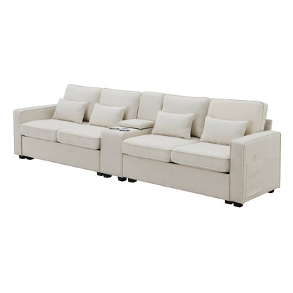 Upholstered Sofa With Console, 2 Cupholders And 2 Usb Ports Wired Or Wirelessly Charged, Linen Fabric Couches With 4 Pillows