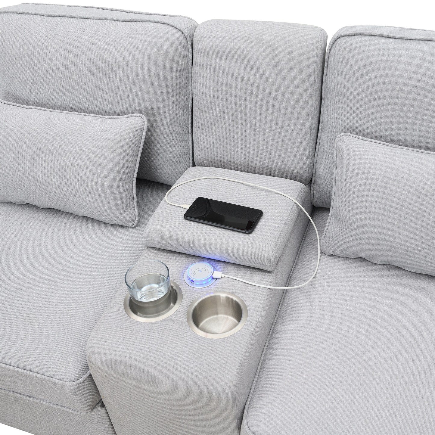 Upholstered Sofa With Console, 2 Cupholders And 2 Usb Ports Wired Or Wirelessly Charged, Linen Fabric Couches With 4 Pillows