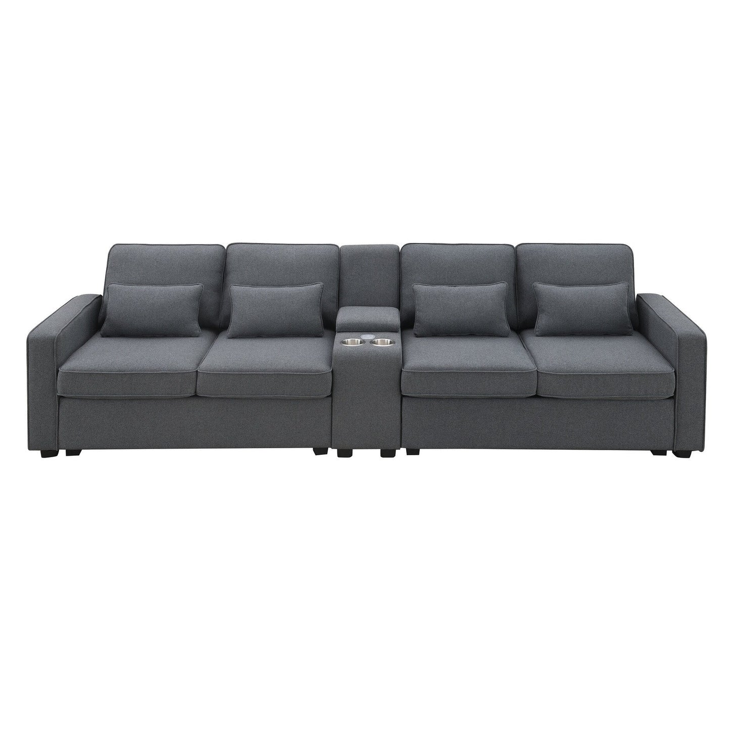Upholstered Sofa With Console, 2 Cupholders And 2 Usb Ports Wired Or Wirelessly Charged, Linen Fabric Couches With 4 Pillows