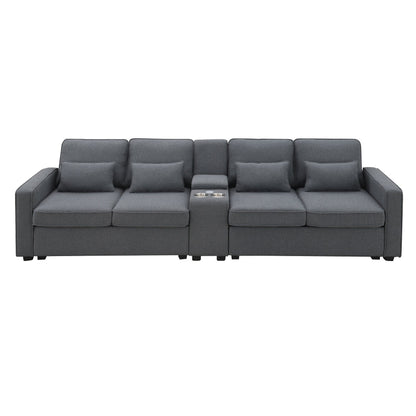 Upholstered Sofa With Console, 2 Cupholders And 2 Usb Ports Wired Or Wirelessly Charged, Linen Fabric Couches With 4 Pillows