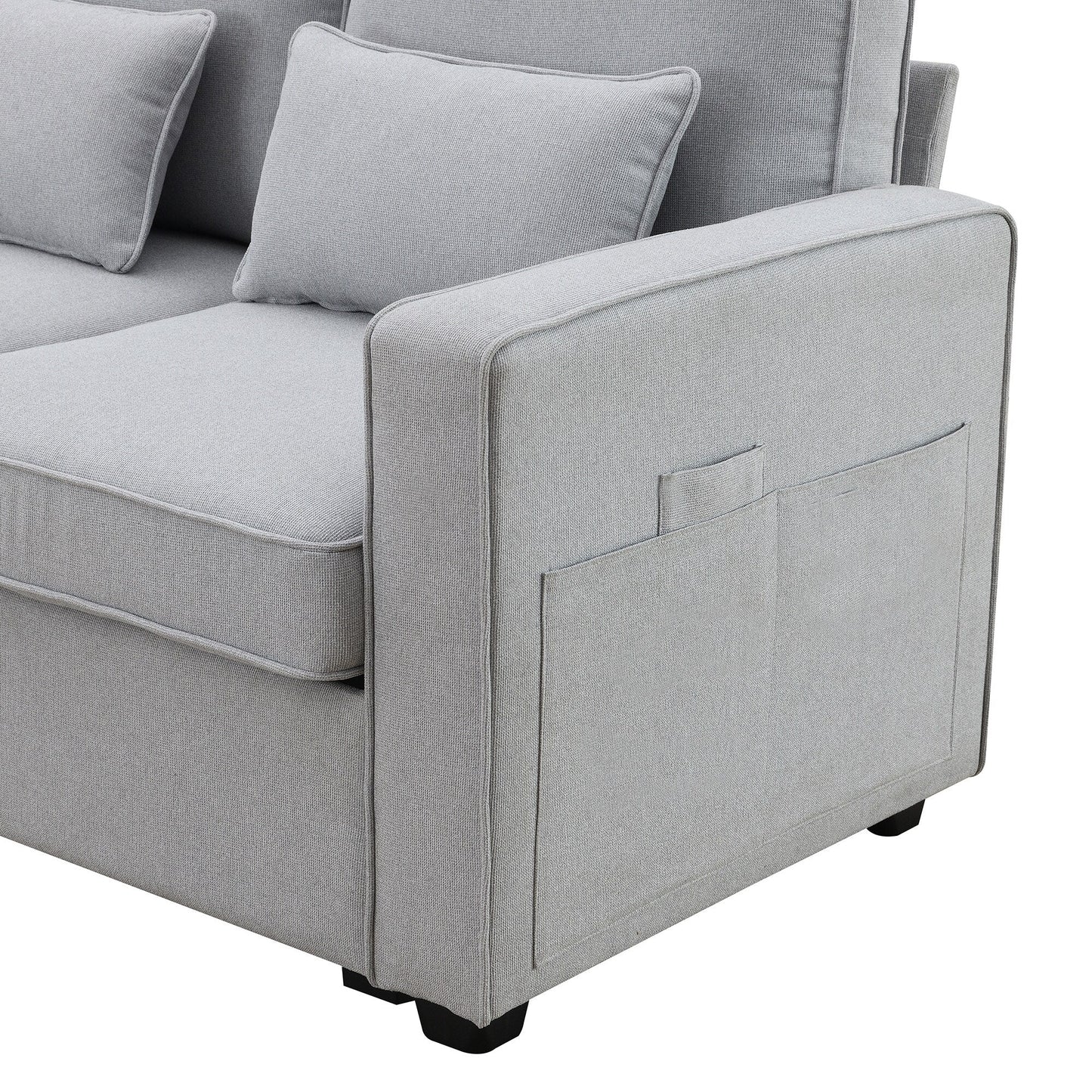 Upholstered Sofa With Console, 2 Cupholders And 2 Usb Ports Wired Or Wirelessly Charged, Linen Fabric Couches With 4 Pillows