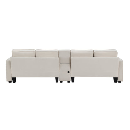 Upholstered Sofa With Console, 2 Cupholders And 2 Usb Ports Wired Or Wirelessly Charged, Linen Fabric Couches With 4 Pillows