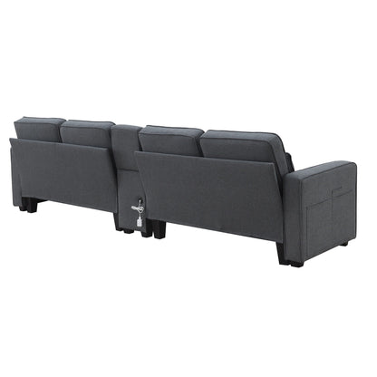 Upholstered Sofa With Console, 2 Cupholders And 2 Usb Ports Wired Or Wirelessly Charged, Linen Fabric Couches With 4 Pillows