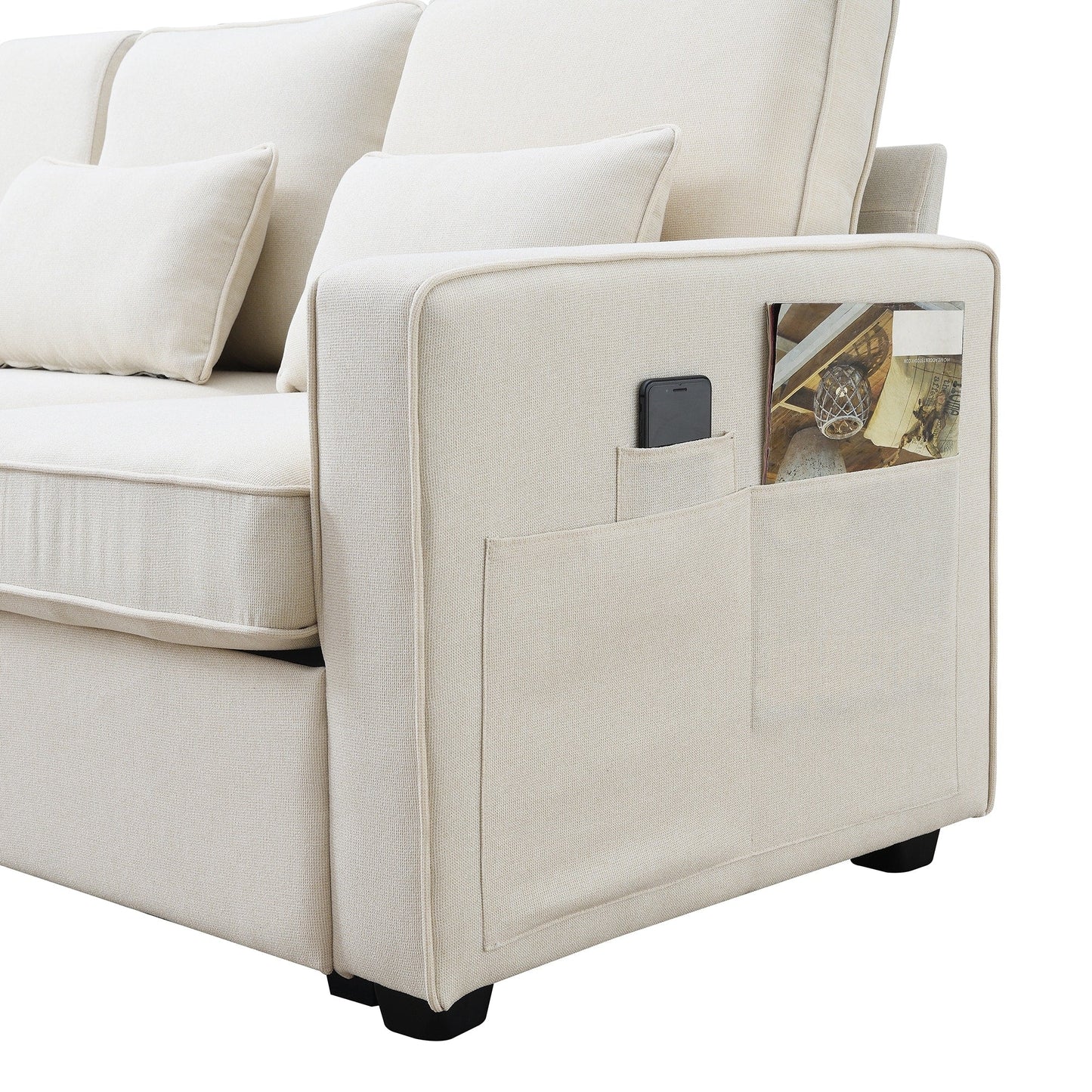 Upholstered Sofa With Console, 2 Cupholders And 2 Usb Ports Wired Or Wirelessly Charged, Linen Fabric Couches With 4 Pillows
