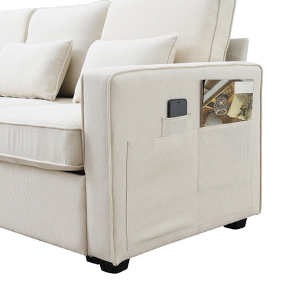 Upholstered Sofa With Console, 2 Cupholders And 2 Usb Ports Wired Or Wirelessly Charged, Linen Fabric Couches With 4 Pillows