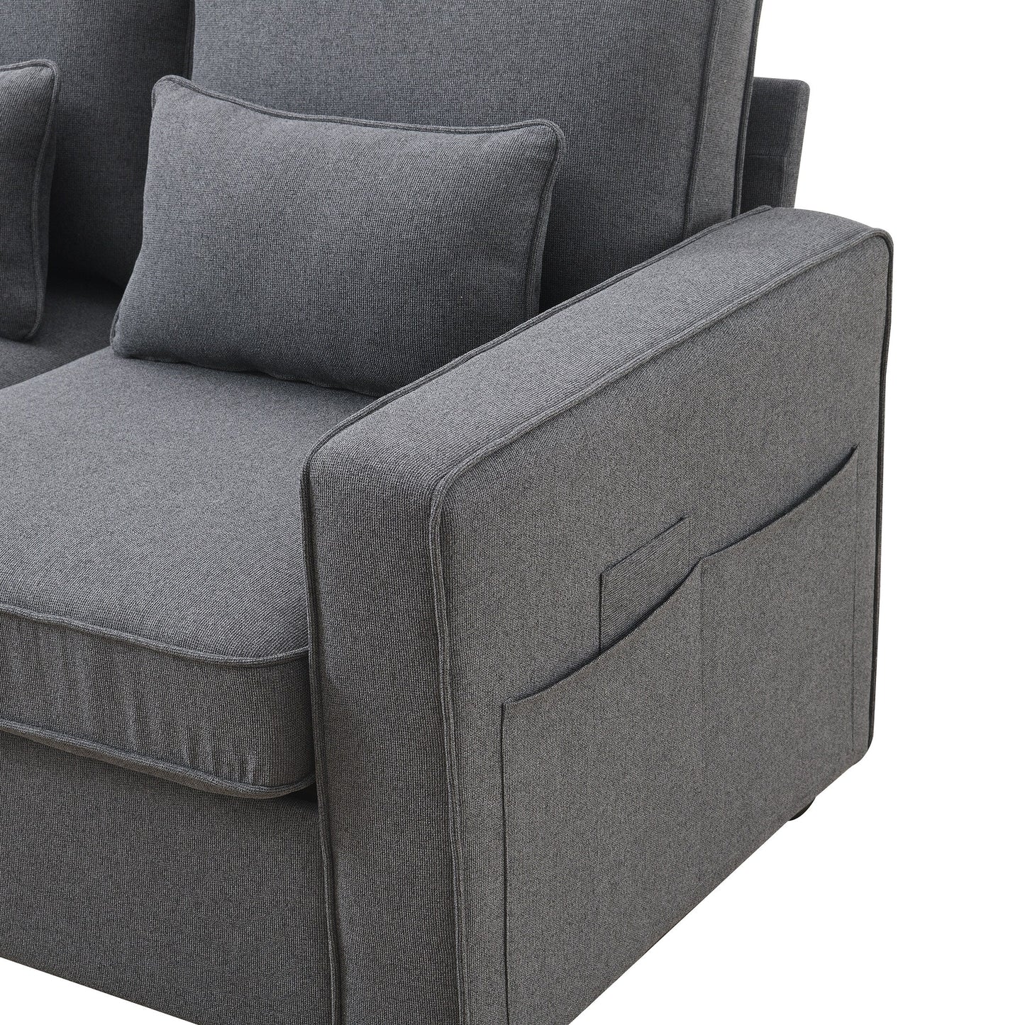 Upholstered Sofa With Console, 2 Cupholders And 2 Usb Ports Wired Or Wirelessly Charged, Linen Fabric Couches With 4 Pillows