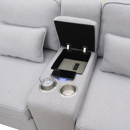 Upholstered Sofa With Console, 2 Cupholders And 2 Usb Ports Wired Or Wirelessly Charged, Linen Fabric Couches With 4 Pillows