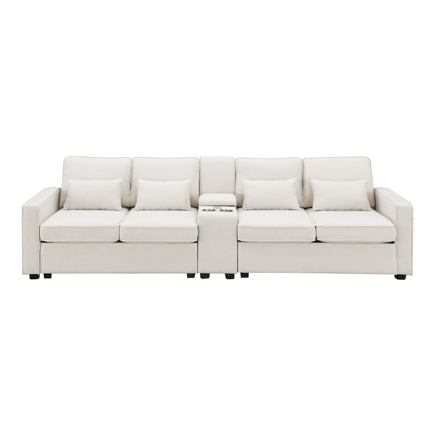 Upholstered Sofa With Console, 2 Cupholders And 2 Usb Ports Wired Or Wirelessly Charged, Linen Fabric Couches With 4 Pillows