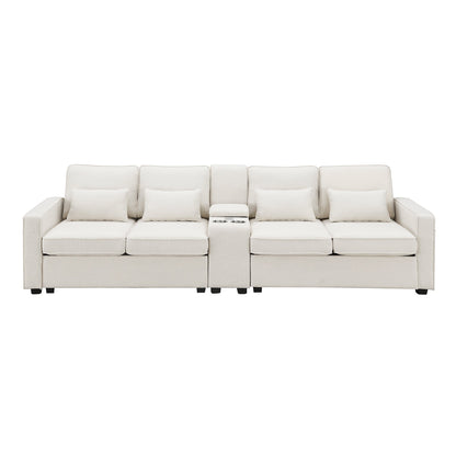 Upholstered Sofa With Console, 2 Cupholders And 2 Usb Ports Wired Or Wirelessly Charged, Linen Fabric Couches With 4 Pillows