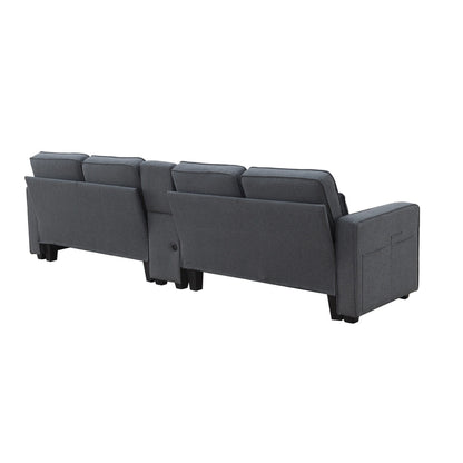 Upholstered Sofa With Console, 2 Cupholders And 2 Usb Ports Wired Or Wirelessly Charged, Linen Fabric Couches With 4 Pillows