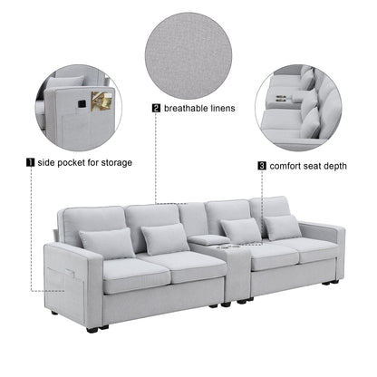 Upholstered Sofa With Console, 2 Cupholders And 2 Usb Ports Wired Or Wirelessly Charged, Linen Fabric Couches With 4 Pillows
