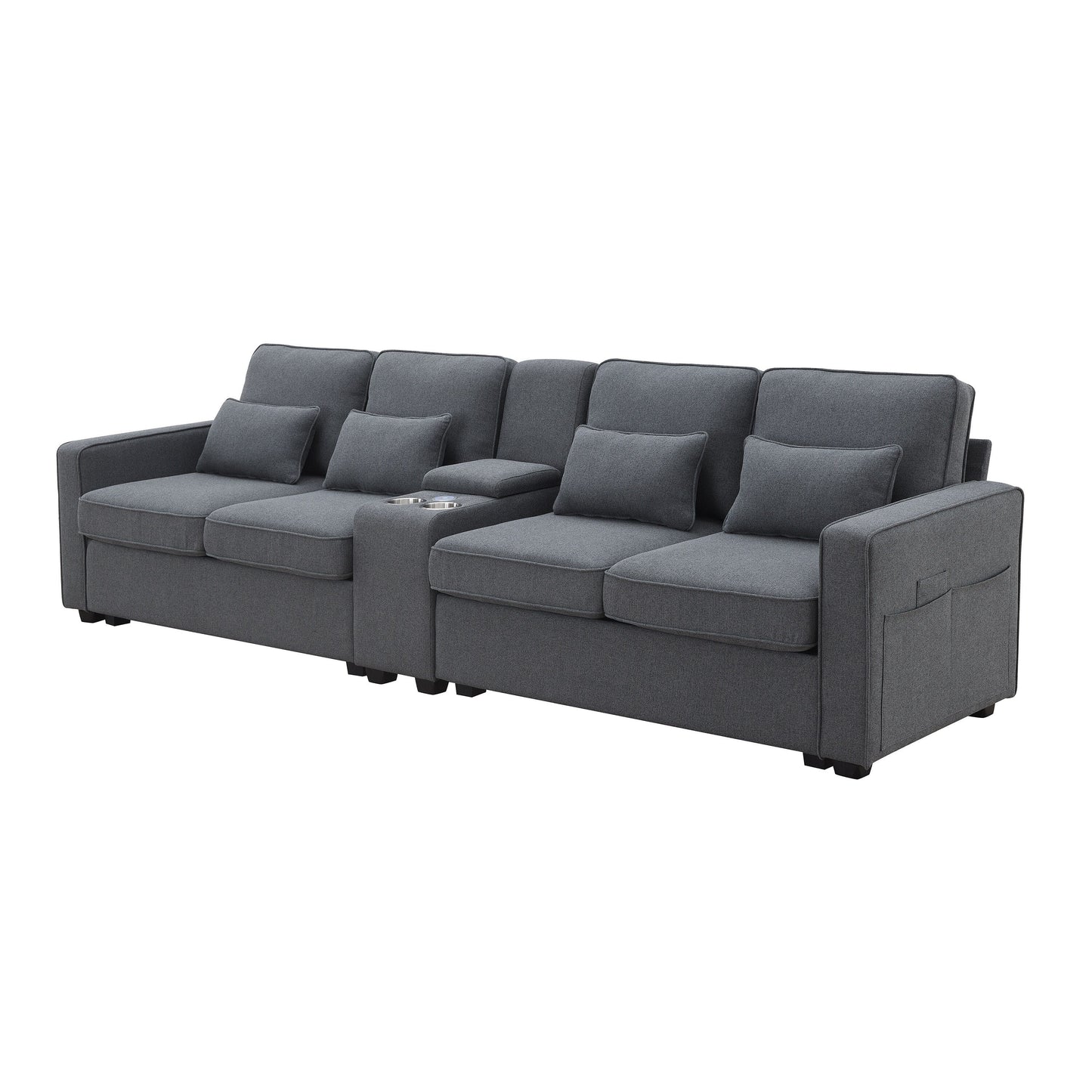 Upholstered Sofa With Console, 2 Cupholders And 2 Usb Ports Wired Or Wirelessly Charged, Linen Fabric Couches With 4 Pillows