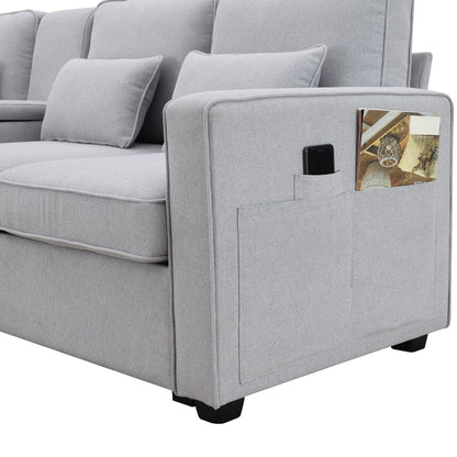 Upholstered Sofa With Console, 2 Cupholders And 2 Usb Ports Wired Or Wirelessly Charged, Linen Fabric Couches With 4 Pillows