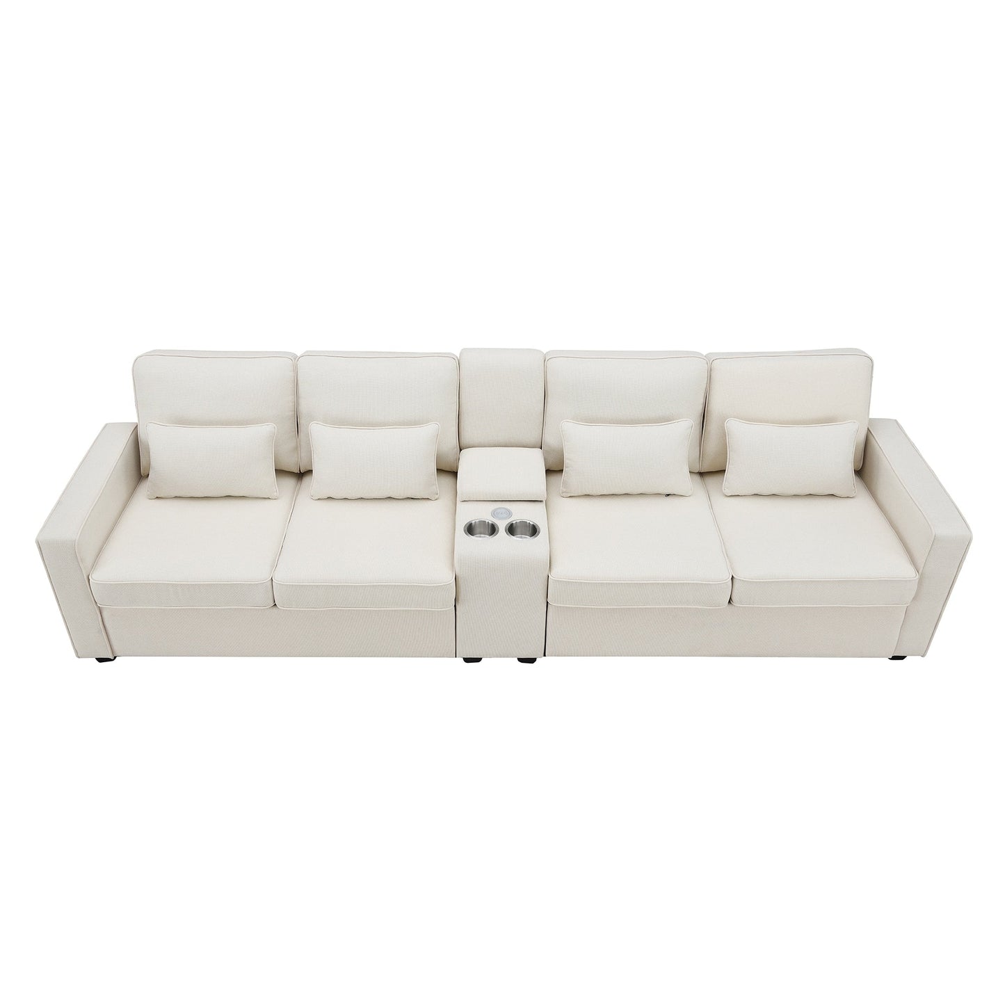 Upholstered Sofa With Console, 2 Cupholders And 2 Usb Ports Wired Or Wirelessly Charged, Linen Fabric Couches With 4 Pillows