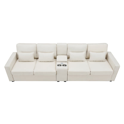 Upholstered Sofa With Console, 2 Cupholders And 2 Usb Ports Wired Or Wirelessly Charged, Linen Fabric Couches With 4 Pillows