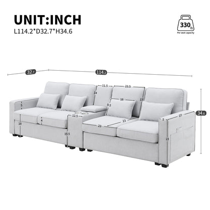 Upholstered Sofa With Console, 2 Cupholders And 2 Usb Ports Wired Or Wirelessly Charged, Linen Fabric Couches With 4 Pillows
