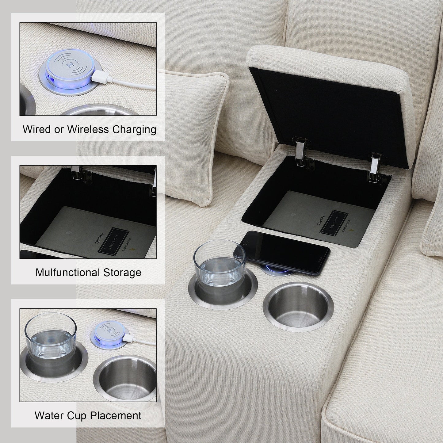 Upholstered Sofa With Console, 2 Cupholders And 2 Usb Ports Wired Or Wirelessly Charged, Linen Fabric Couches With 4 Pillows