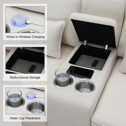 Upholstered Sofa With Console, 2 Cupholders And 2 Usb Ports Wired Or Wirelessly Charged, Linen Fabric Couches With 4 Pillows