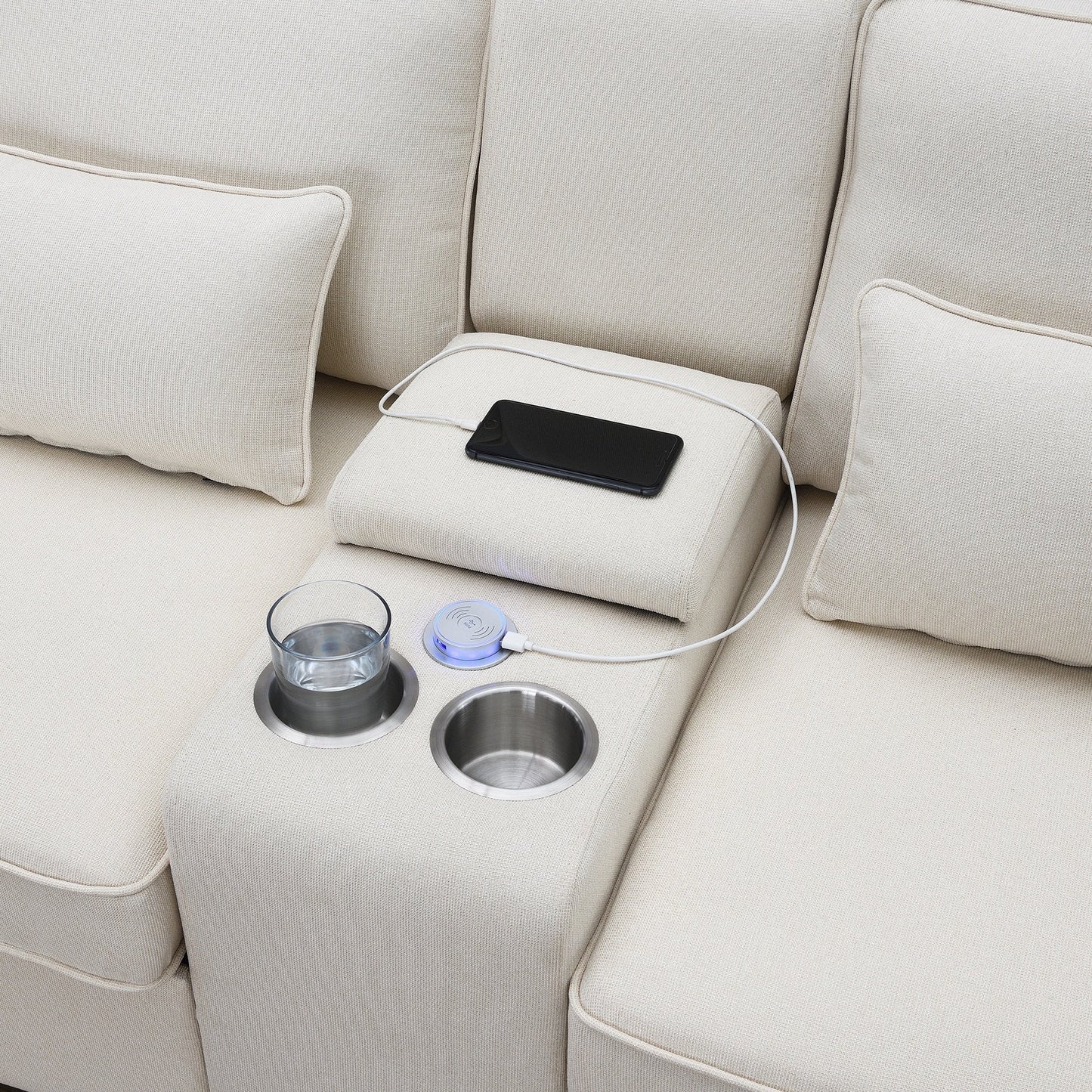 Upholstered Sofa With Console, 2 Cupholders And 2 Usb Ports Wired Or Wirelessly Charged, Linen Fabric Couches With 4 Pillows